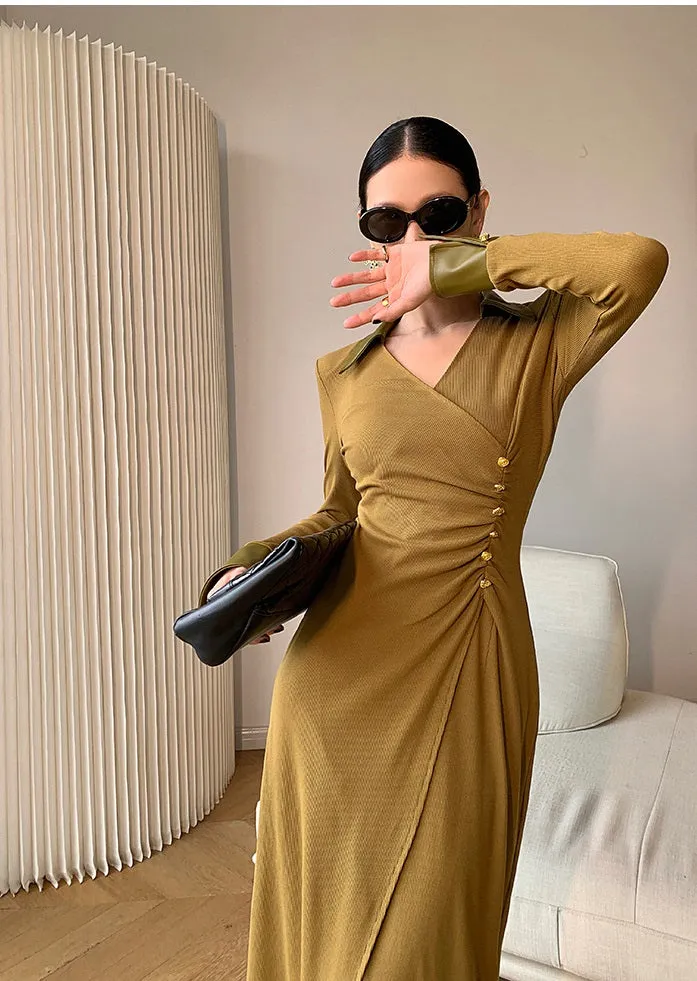 WANXO green v-neck shirt dress new waist and thin knitted slit bottoming skirt- Bella