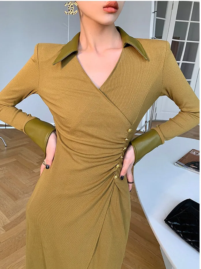 WANXO green v-neck shirt dress new waist and thin knitted slit bottoming skirt- Bella