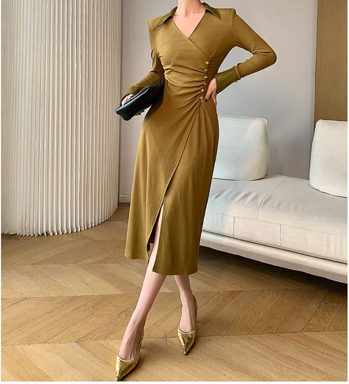 WANXO green v-neck shirt dress new waist and thin knitted slit bottoming skirt- Bella