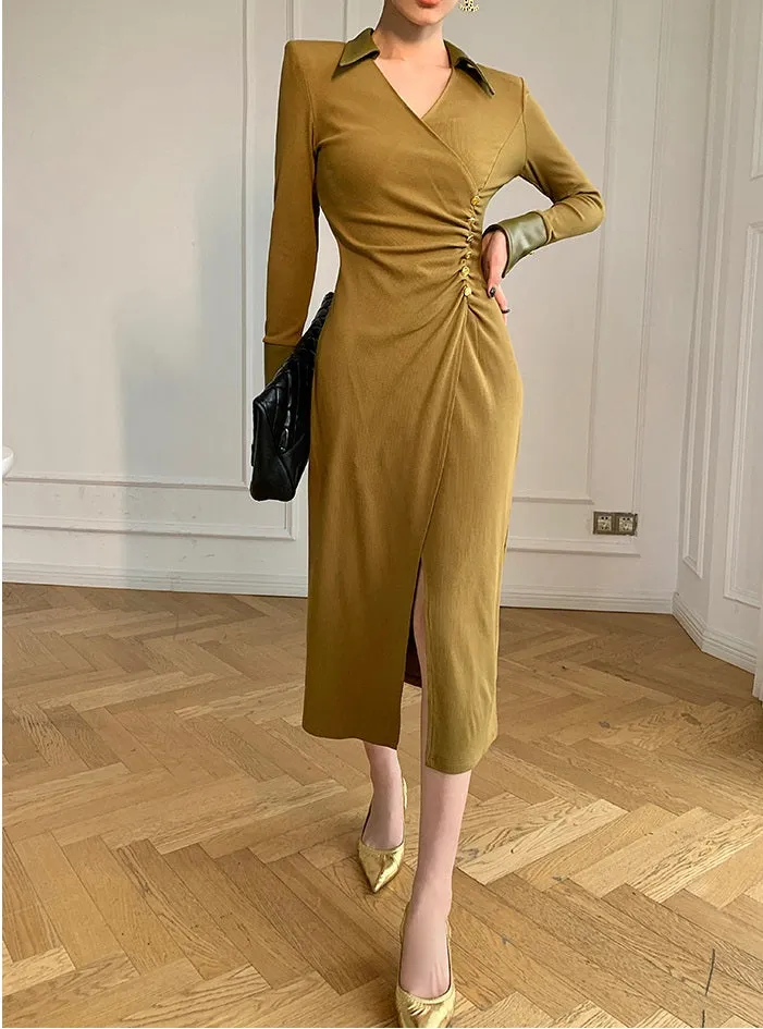 WANXO green v-neck shirt dress new waist and thin knitted slit bottoming skirt- Bella