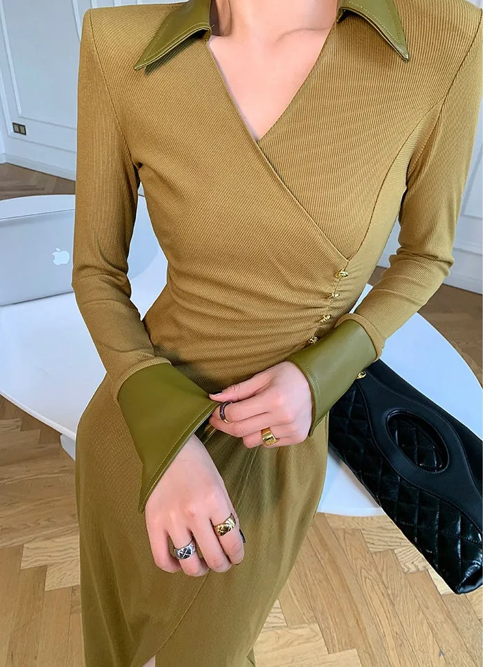 WANXO green v-neck shirt dress new waist and thin knitted slit bottoming skirt- Bella