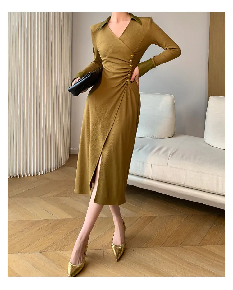 WANXO green v-neck shirt dress new waist and thin knitted slit bottoming skirt- Bella