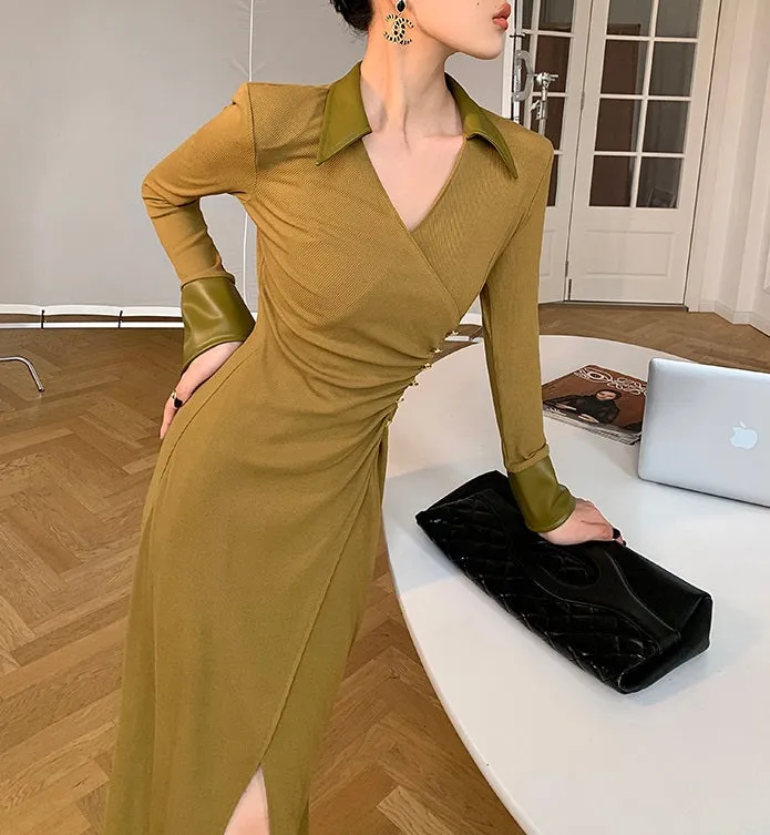WANXO green v-neck shirt dress new waist and thin knitted slit bottoming skirt- Bella
