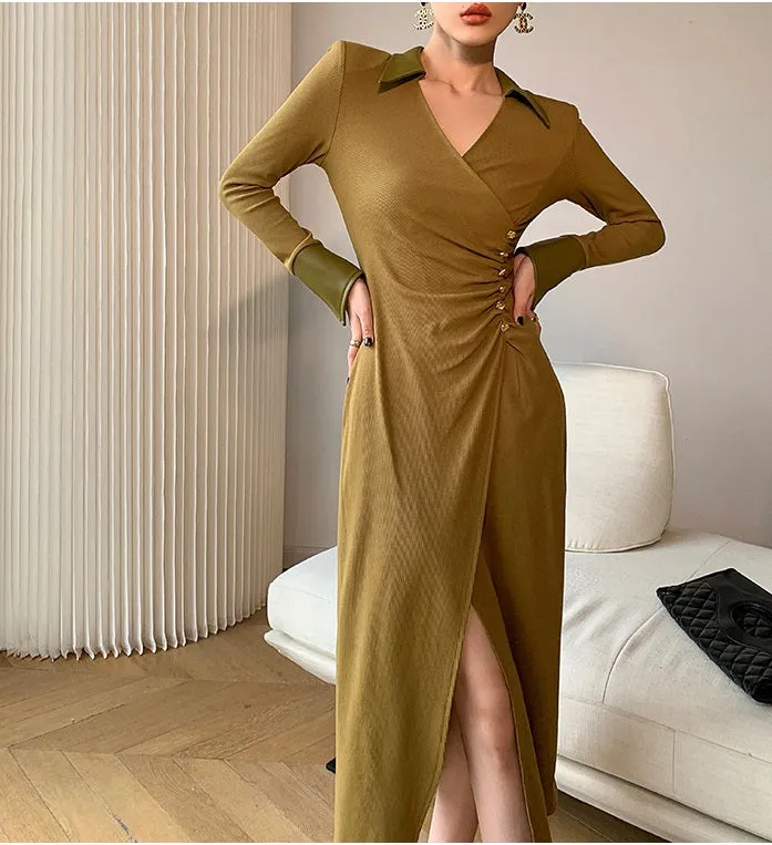 WANXO green v-neck shirt dress new waist and thin knitted slit bottoming skirt- Bella