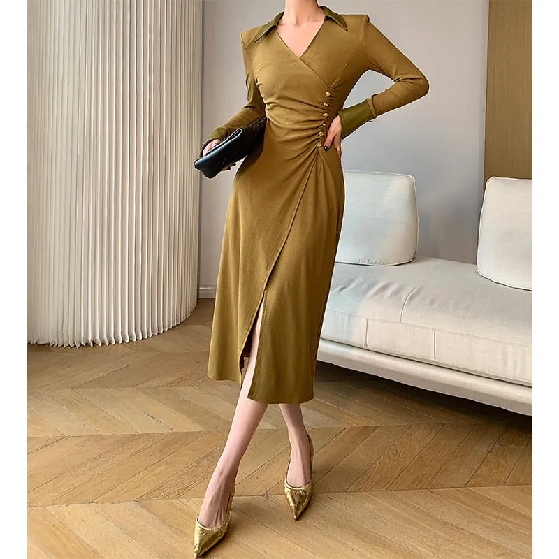 WANXO green v-neck shirt dress new waist and thin knitted slit bottoming skirt- Bella