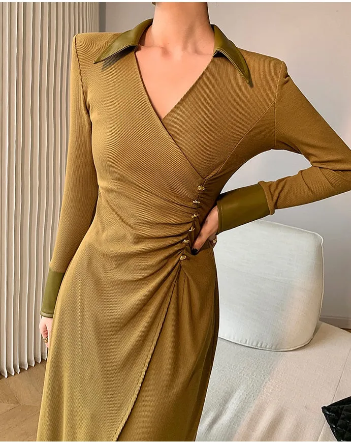 WANXO green v-neck shirt dress new waist and thin knitted slit bottoming skirt- Bella