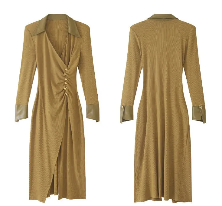 WANXO green v-neck shirt dress new waist and thin knitted slit bottoming skirt- Bella