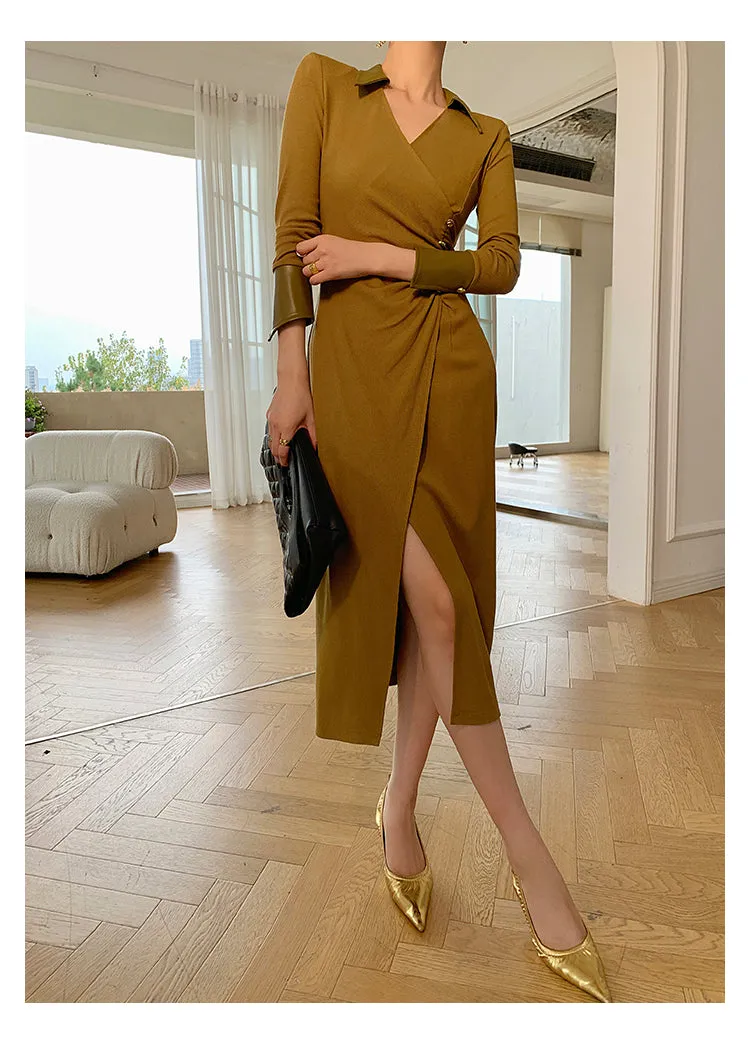 WANXO green v-neck shirt dress new waist and thin knitted slit bottoming skirt- Bella