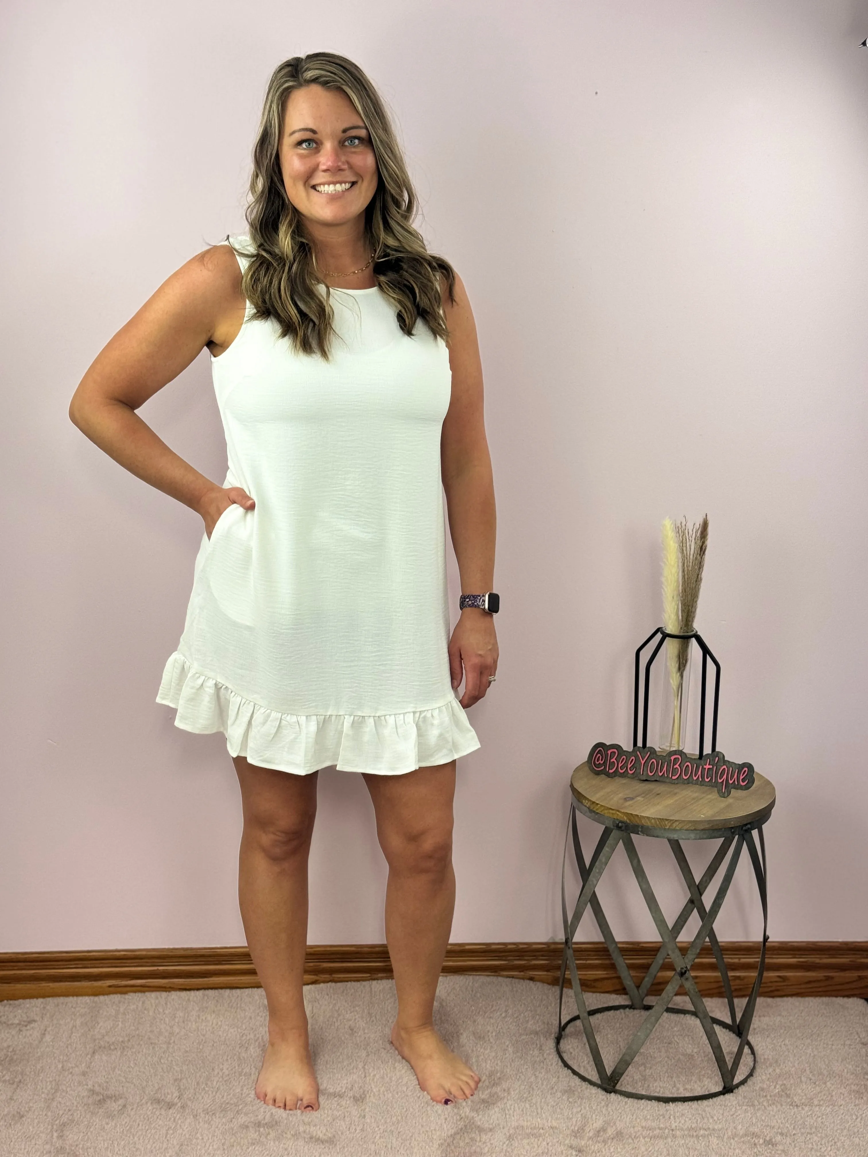 White Sleeveless Ruffled Midi Dress