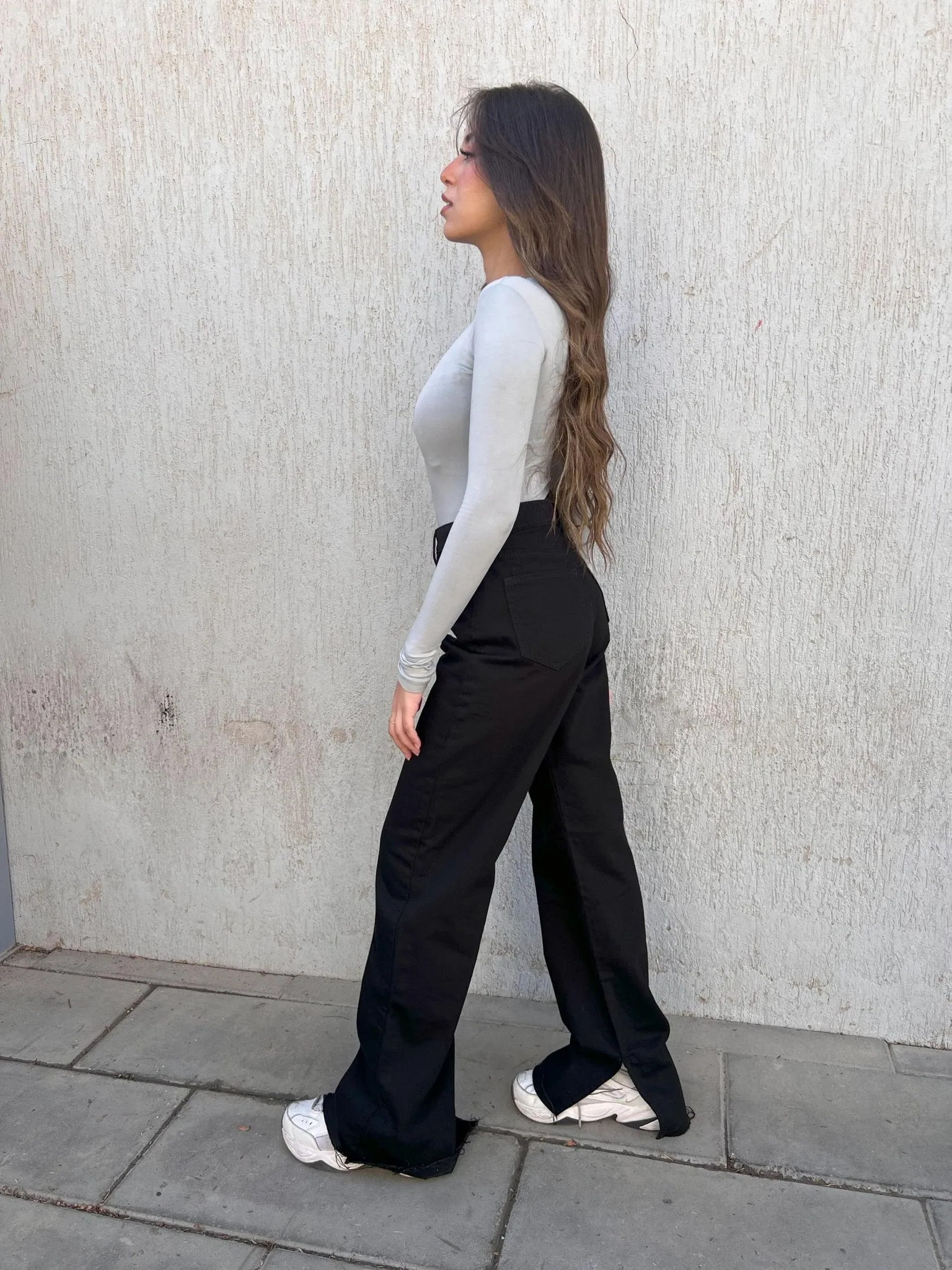 Wide Leg - High-Waist Black Side Split Straight.