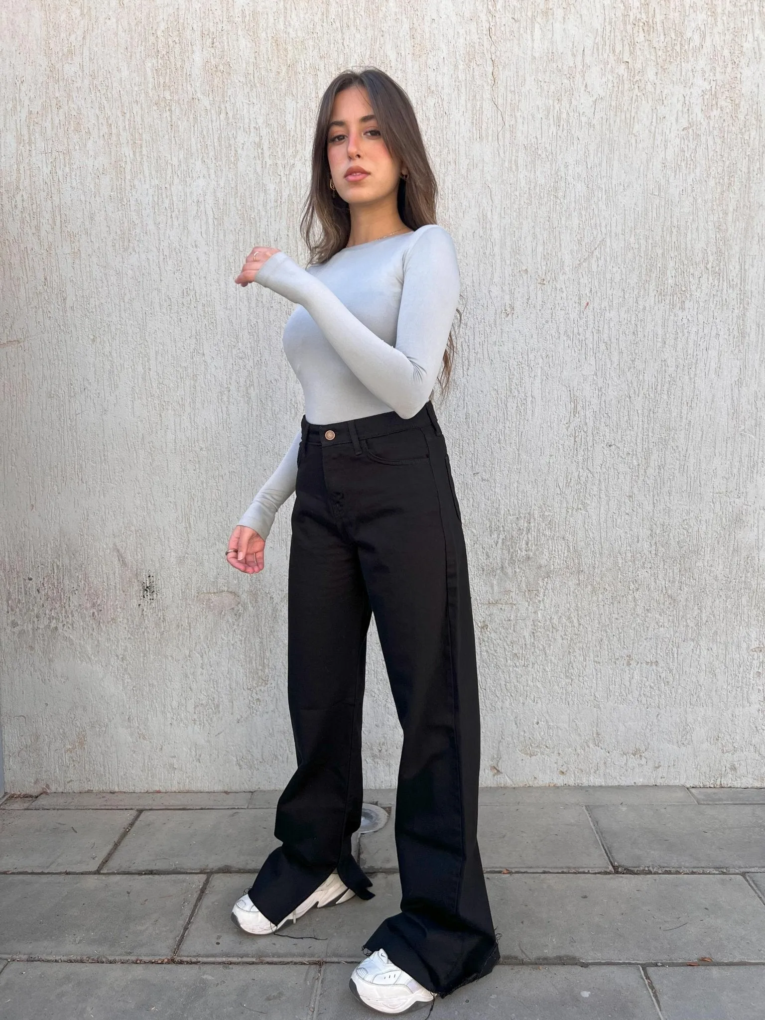 Wide Leg - High-Waist Black Side Split Straight.