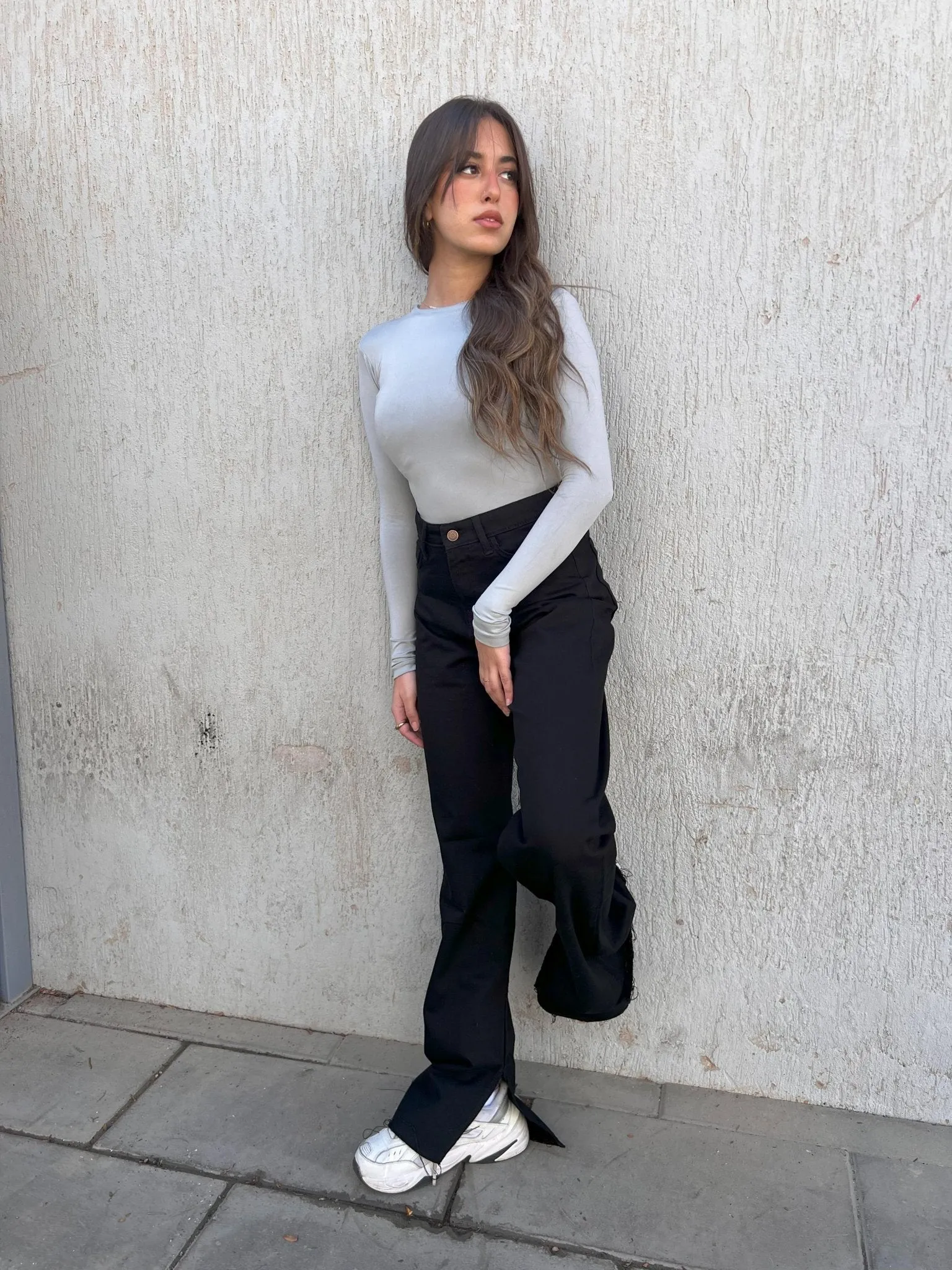 Wide Leg - High-Waist Black Side Split Straight.