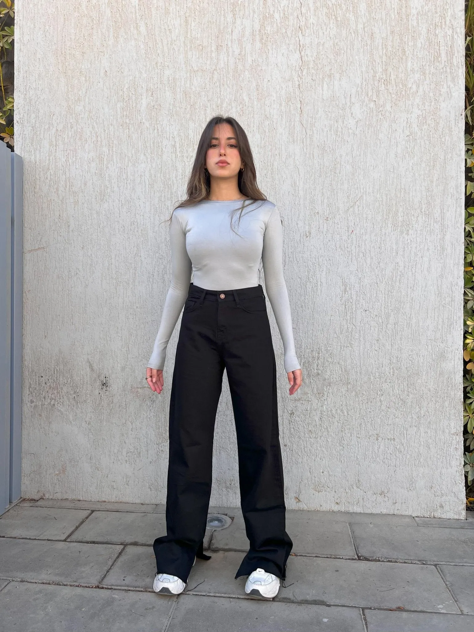 Wide Leg - High-Waist Black Side Split Straight.