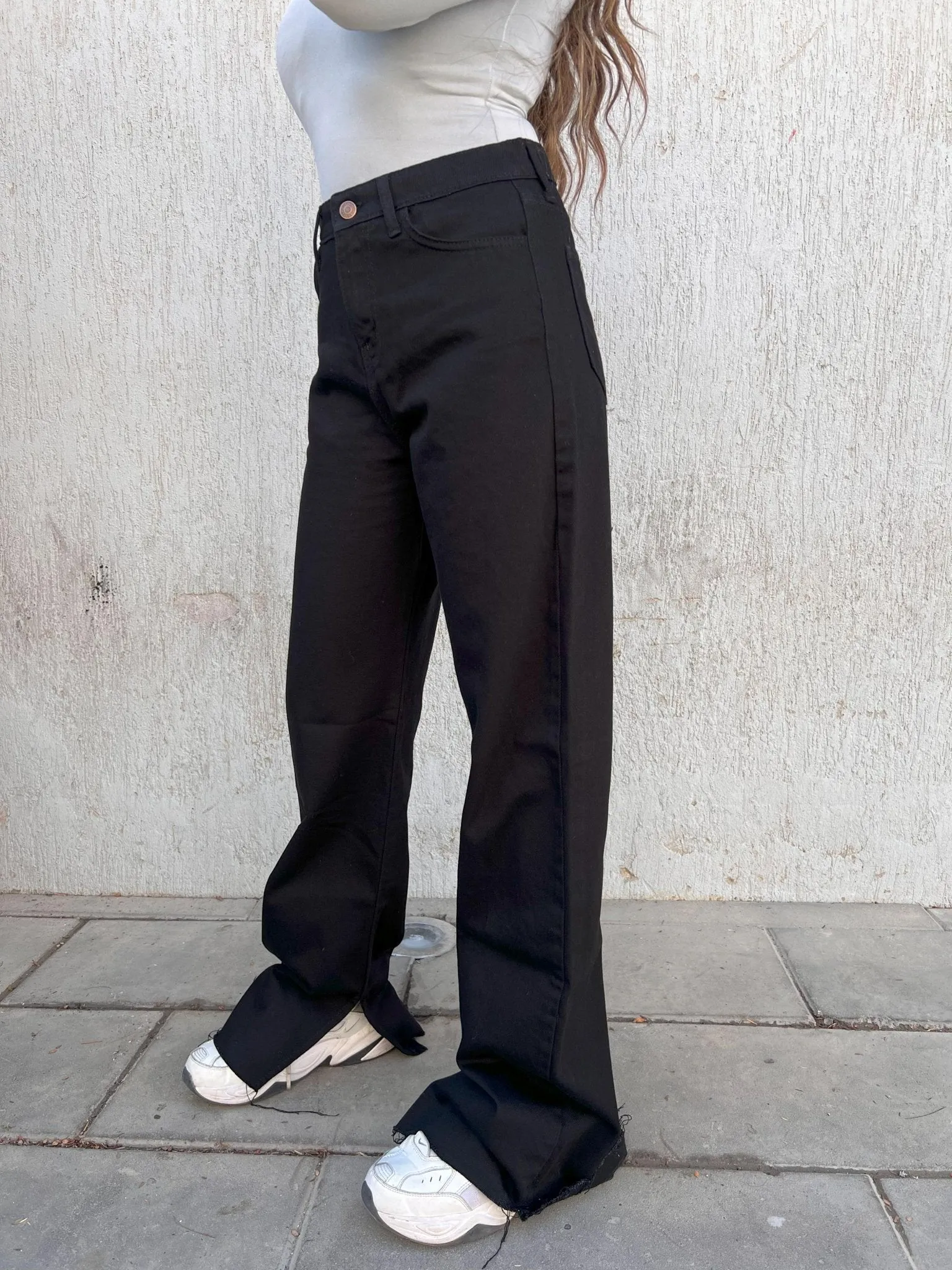 Wide Leg - High-Waist Black Side Split Straight.