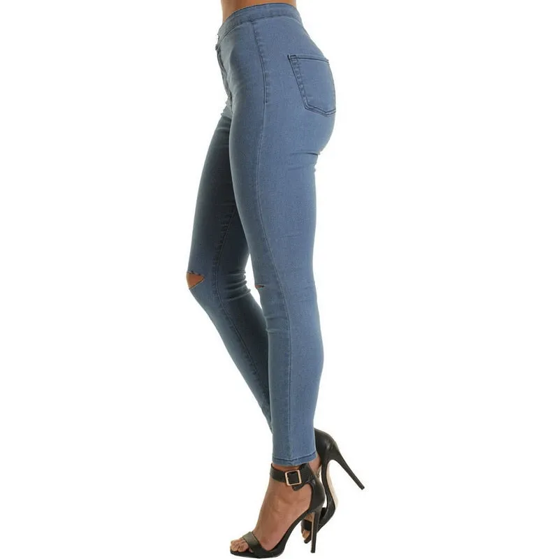 Women Denim Pencil Pants Causal High Waist Jeans Woman Sexy Ripped Hole Vintage Solid Stretch Workout Skinny Mom Jeans