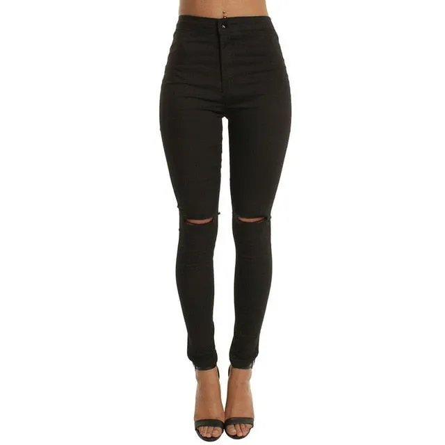 Women Denim Pencil Pants Causal High Waist Jeans Woman Sexy Ripped Hole Vintage Solid Stretch Workout Skinny Mom Jeans