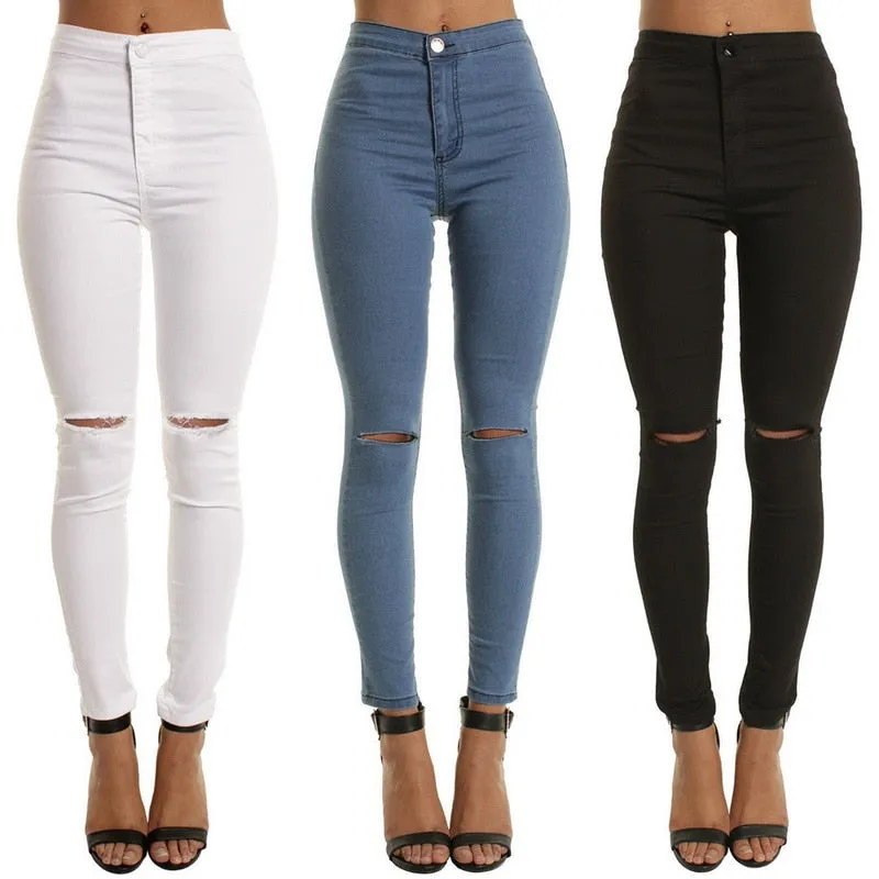 Women Denim Pencil Pants Causal High Waist Jeans Woman Sexy Ripped Hole Vintage Solid Stretch Workout Skinny Mom Jeans