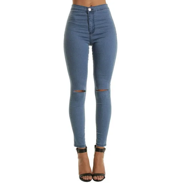 Women Denim Pencil Pants Causal High Waist Jeans Woman Sexy Ripped Hole Vintage Solid Stretch Workout Skinny Mom Jeans