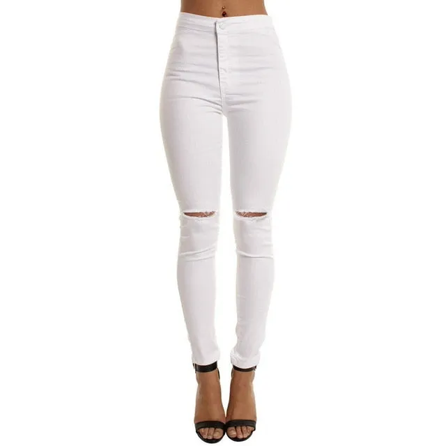 Women Denim Pencil Pants Causal High Waist Jeans Woman Sexy Ripped Hole Vintage Solid Stretch Workout Skinny Mom Jeans