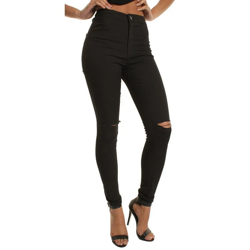Women Denim Pencil Pants Causal High Waist Jeans Woman Sexy Ripped Hole Vintage Solid Stretch Workout Skinny Mom Jeans
