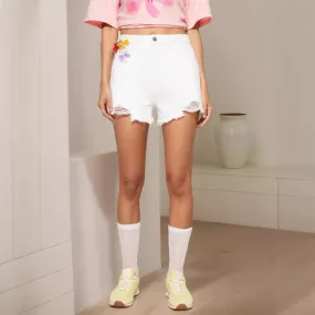 Women Denim Shorts White Embroidered Floral Fresh Ripped Shorts Women Shorts