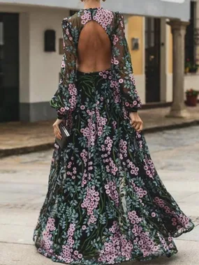 Women Floral Vintage Long Sleeve Backless Long Maxi Dress
