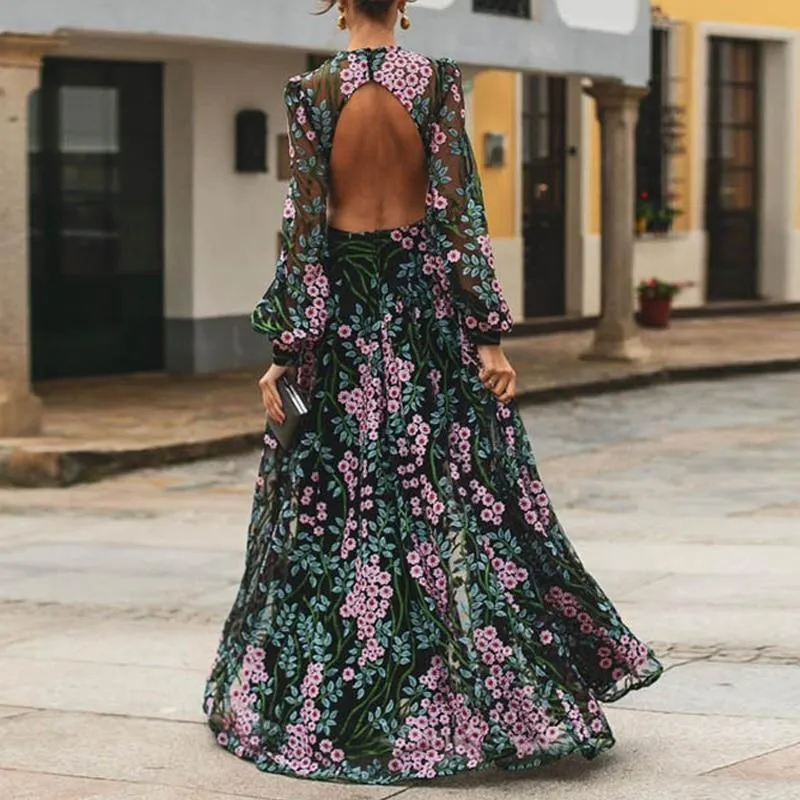Women Floral Vintage Long Sleeve Backless Long Maxi Dress
