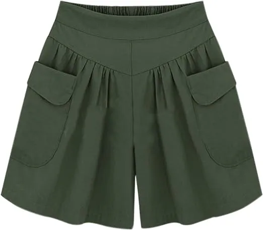 Women Summer Loose Casual Shorts Culottes Elastic Waist Wide Leg Shorts with Pockets