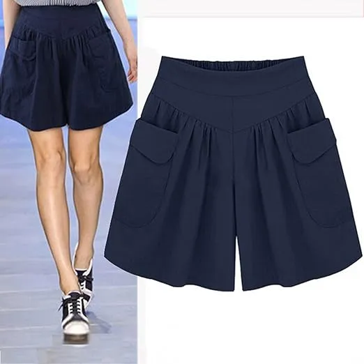 Women Summer Loose Casual Shorts Culottes Elastic Waist Wide Leg Shorts with Pockets