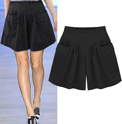 Women Summer Loose Casual Shorts Culottes Elastic Waist Wide Leg Shorts with Pockets