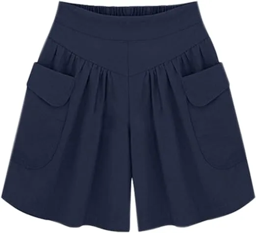 Women Summer Loose Casual Shorts Culottes Elastic Waist Wide Leg Shorts with Pockets