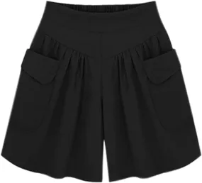 Women Summer Loose Casual Shorts Culottes Elastic Waist Wide Leg Shorts with Pockets