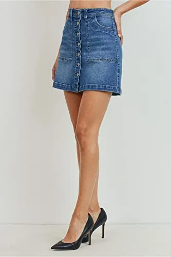 Women's Button Closure with Front Pockets Denim A-line Skirt