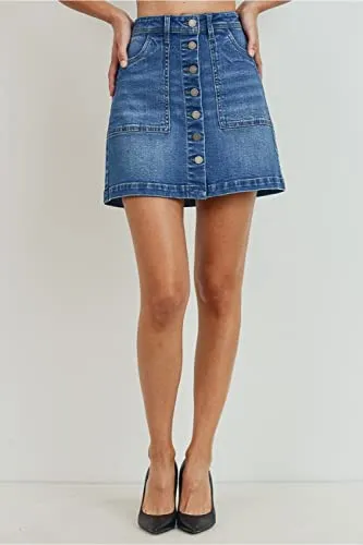 Women's Button Closure with Front Pockets Denim A-line Skirt