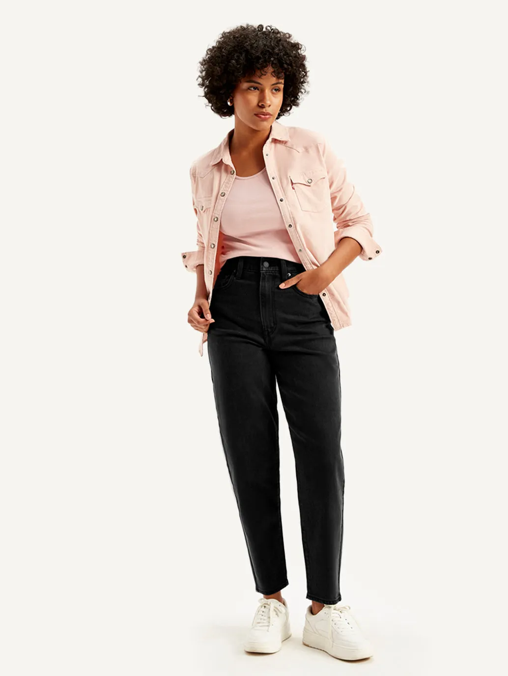 Women's High Rise Loose Taper Fit Black Jeans
