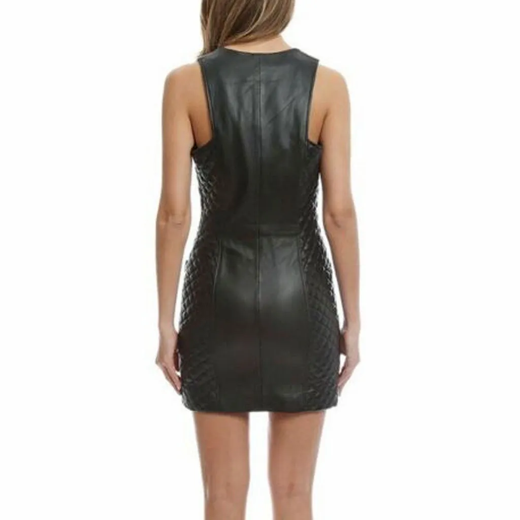 Women's Leather Quilted Dress Mini Zip Front Sleeveless Bodycon Lender Dress