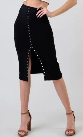 Women's Solid Knit Center Snap Button Midi Skirt