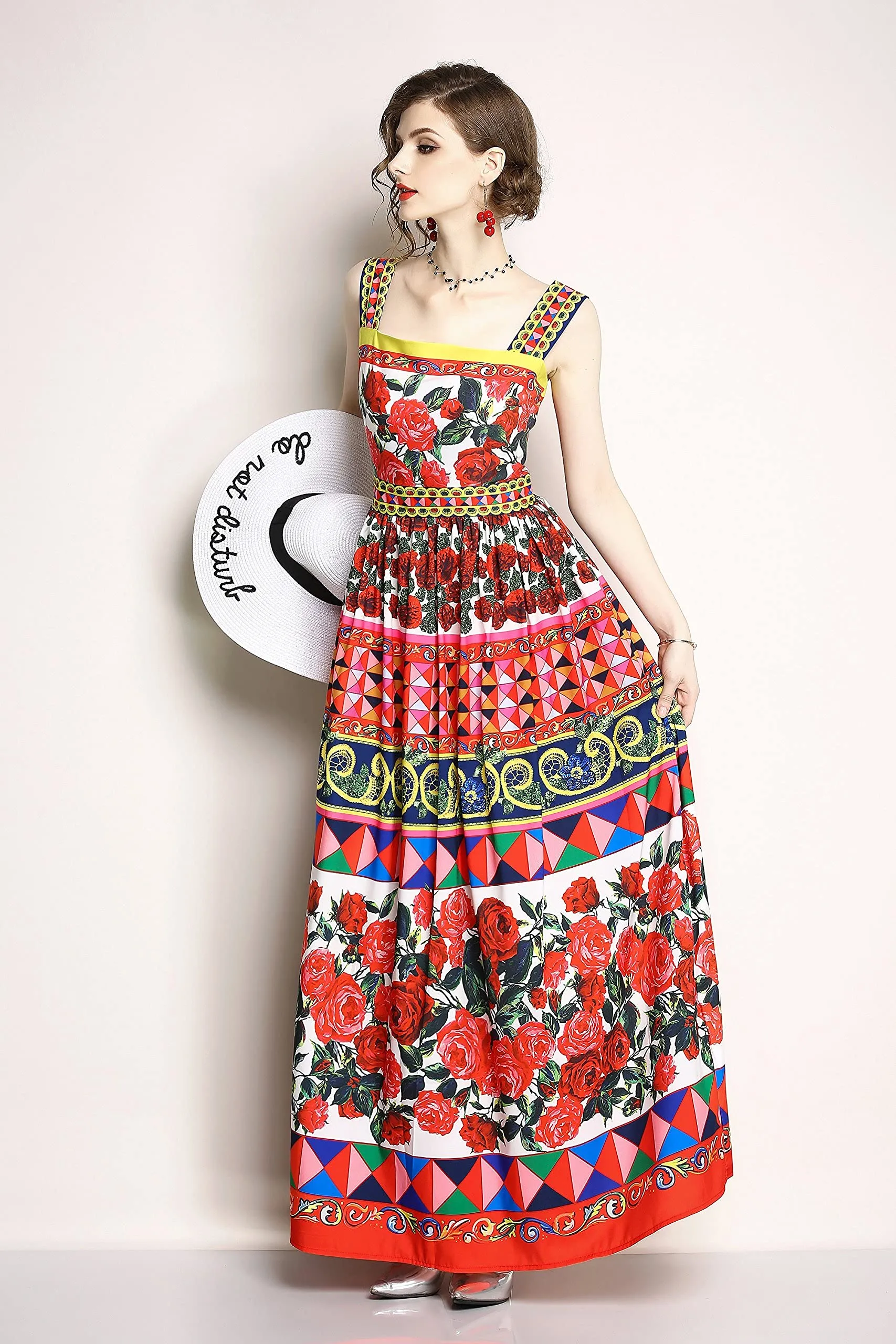 Womens Square Neck Sleeveless Floral Print Dress