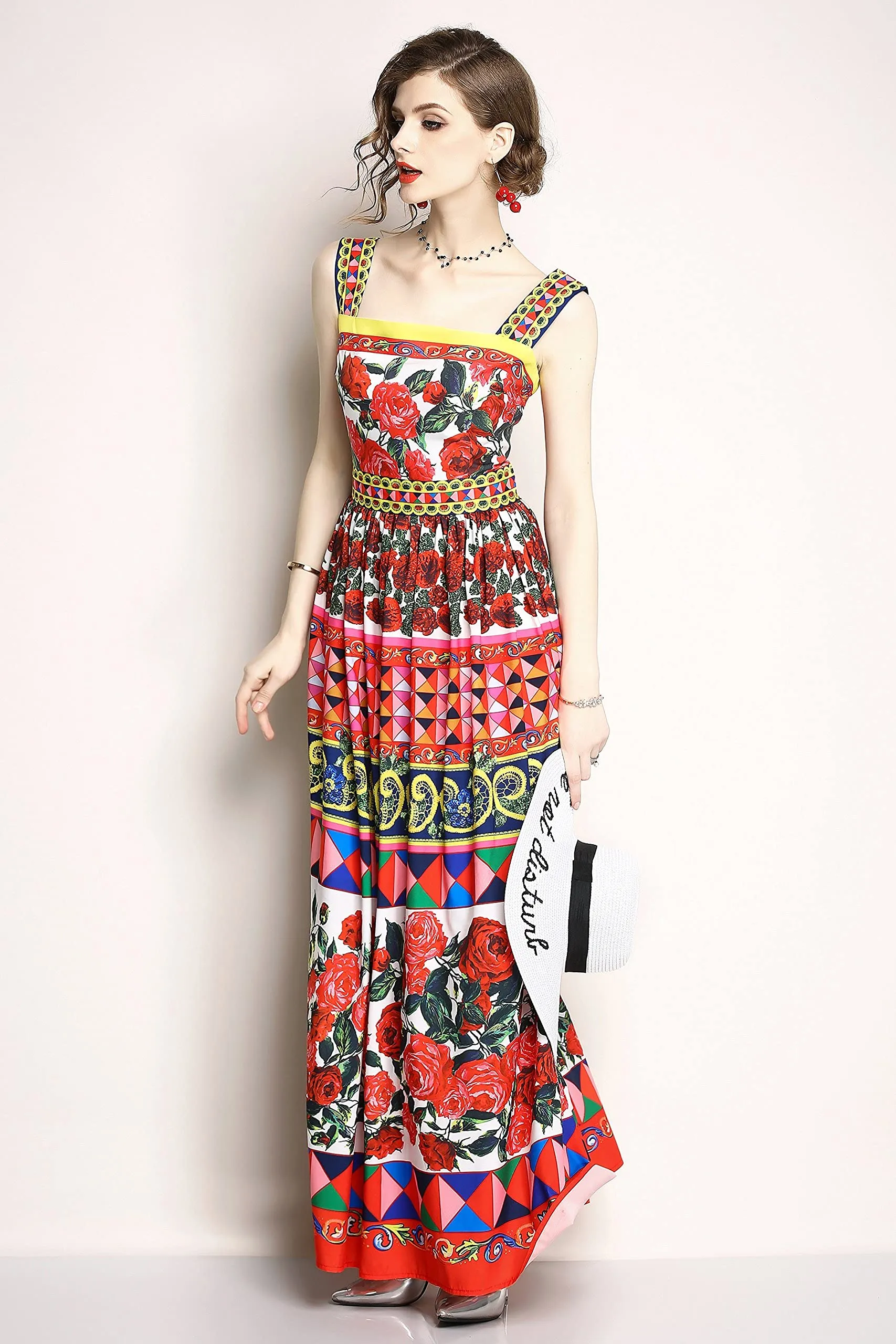 Womens Square Neck Sleeveless Floral Print Dress