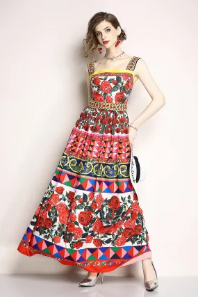 Womens Square Neck Sleeveless Floral Print Dress