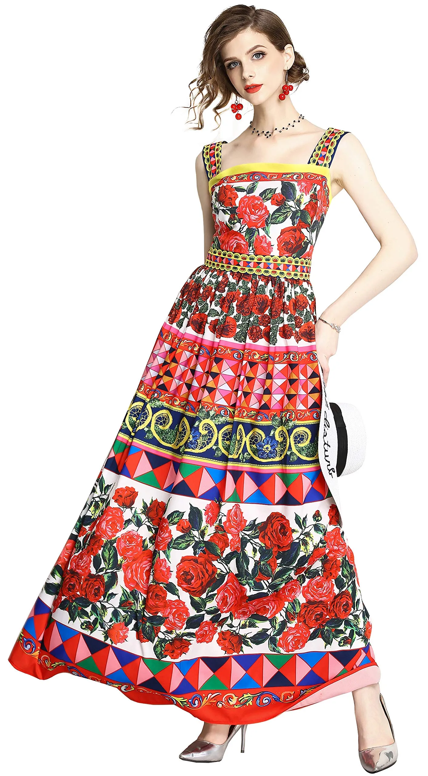 Womens Square Neck Sleeveless Floral Print Dress