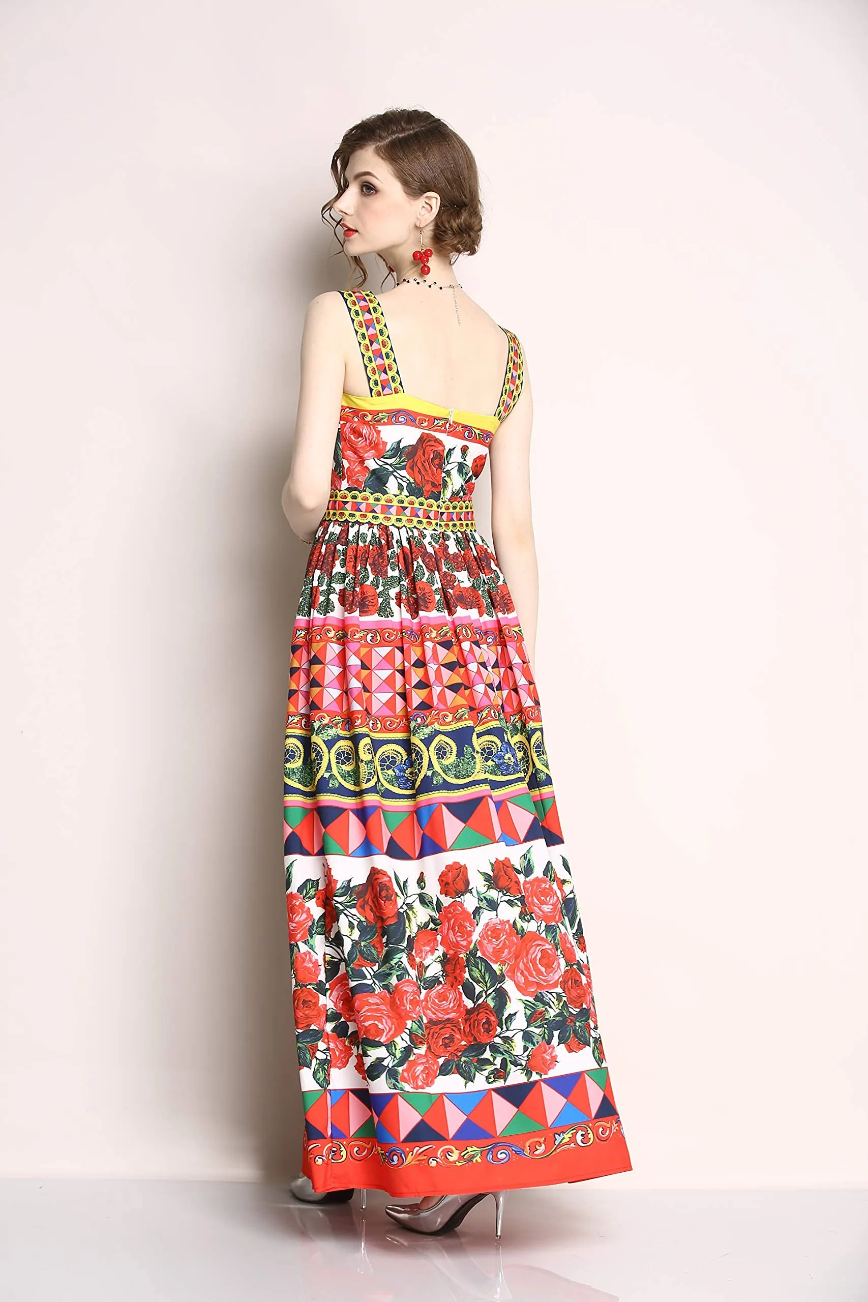 Womens Square Neck Sleeveless Floral Print Dress